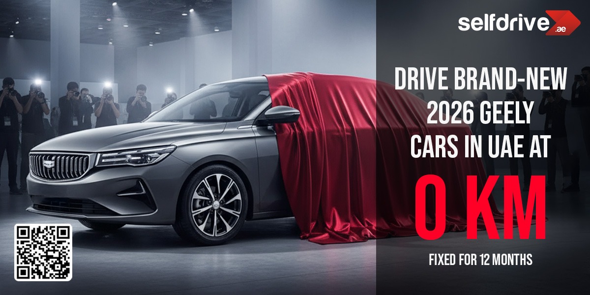 Promotional banner for SelfDrive UAE featuring a brand-new silver 2026 Geely car unveiled under a red curtain with spotlights and audience, text 