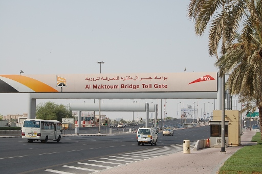 RTA Al maktoum bridge toll gate board on the highway road.