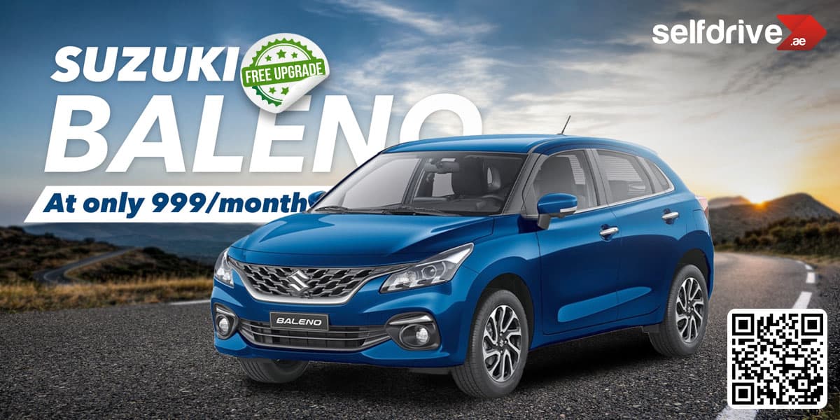 Blue color Suzuki Baleno on road showing the price 999/month on selfdrive