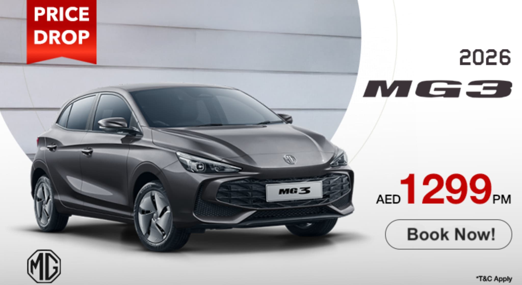 A sleek new MG3 2026 car displayed prominently, showcasing its modern design and vibrant color, informing about price drop and book from AED 1299/month