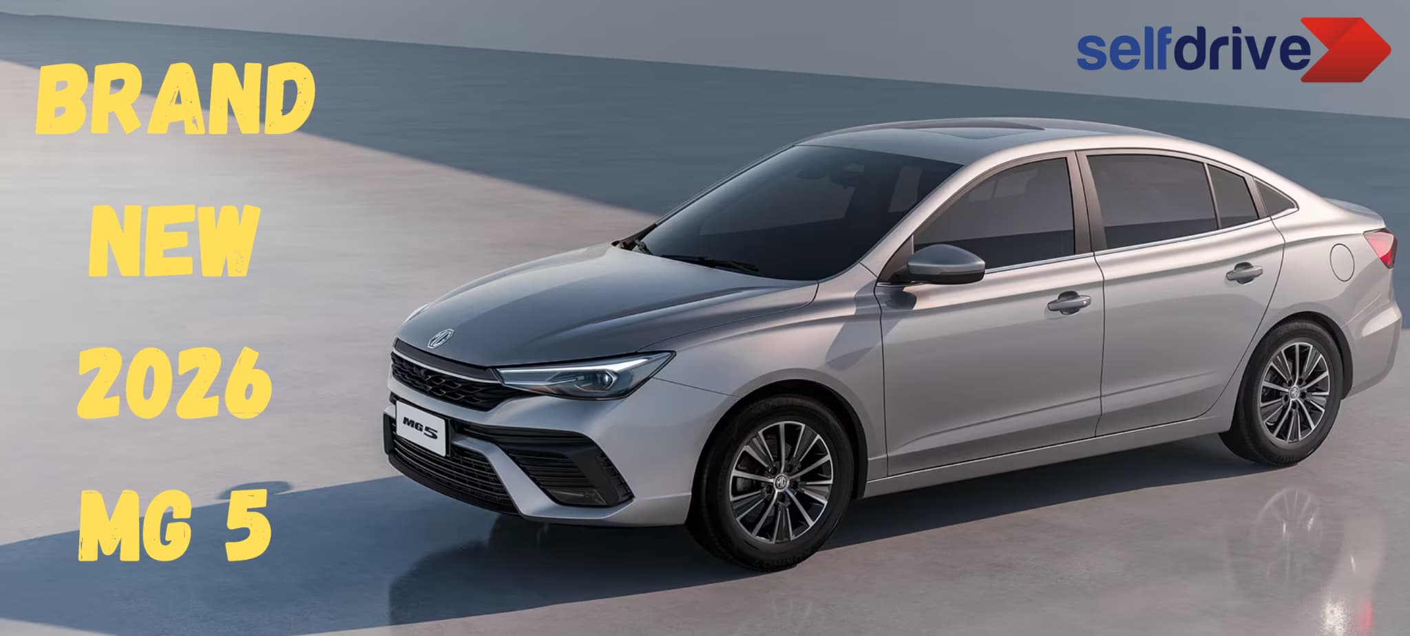 The 2026 MG 5 displayed, advertised by SelfDrive for rental options.