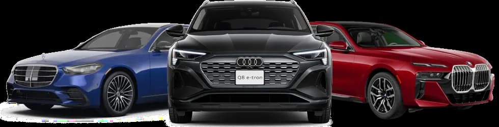 Three cars displayed, blue mercedes, black audi, red BNW