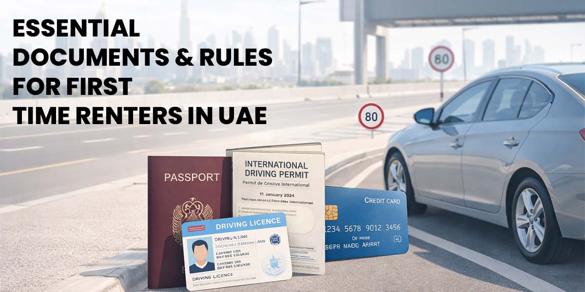 A road scene with a car and speed limit signs. Foreground features a passport, driving license, international permit, and credit card. Text: "Essential Documents & Rules for First Time Renters in UAE."