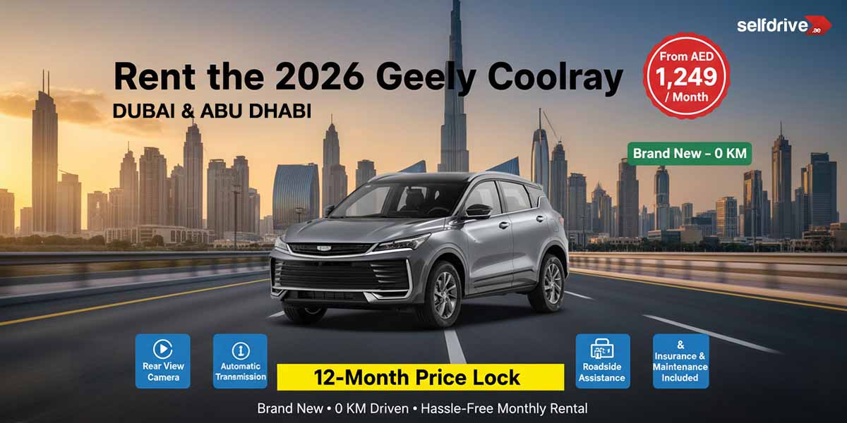 Gray 2026 Geely Coolray SUV on a city road with Dubai skyline at sunset. Bold text advertises rental options. Icons highlight features and offers.