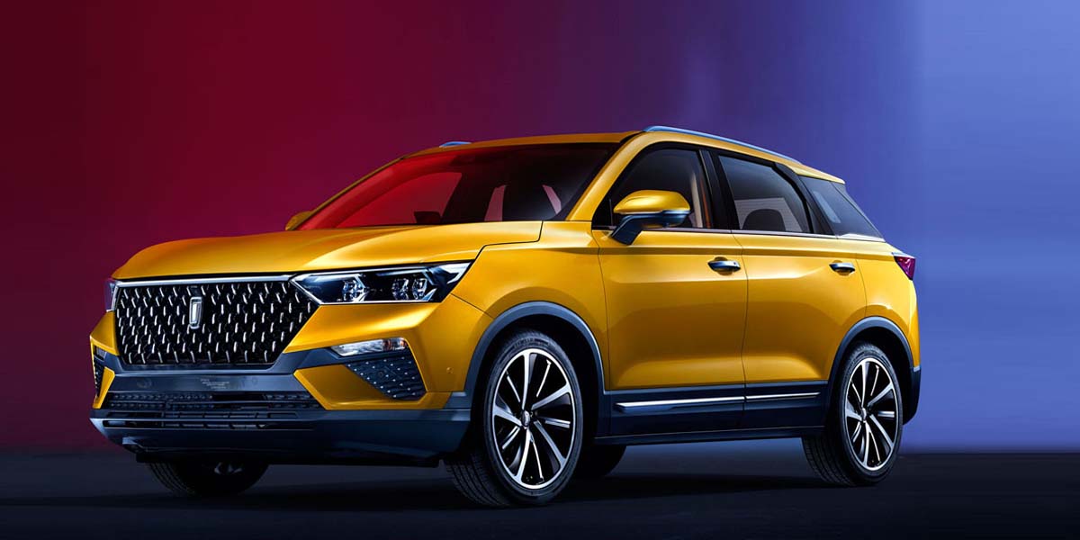A sleek yellow SUV with chrome accents is parked against a gradient background of red and blue, highlighting its modern design and sporty elegance.