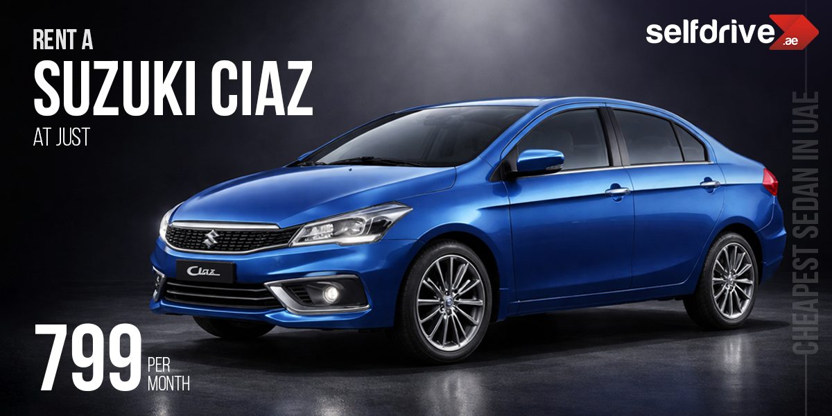 Blue Suzuki Ciaz sedan in studio lighting. Text reads "Rent a Suzuki Ciaz at just 799 per month," with "Cheapest sedan in UAE" noted. Mood is sleek and modern.