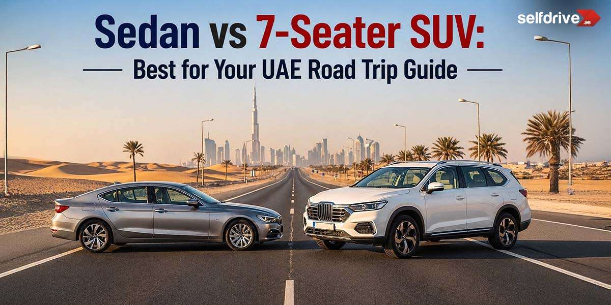Two cars, a sedan and a 7-seater SUV, face each other on an empty desert road with the Burj Khalifa in the background. Text at the top compares both cars.