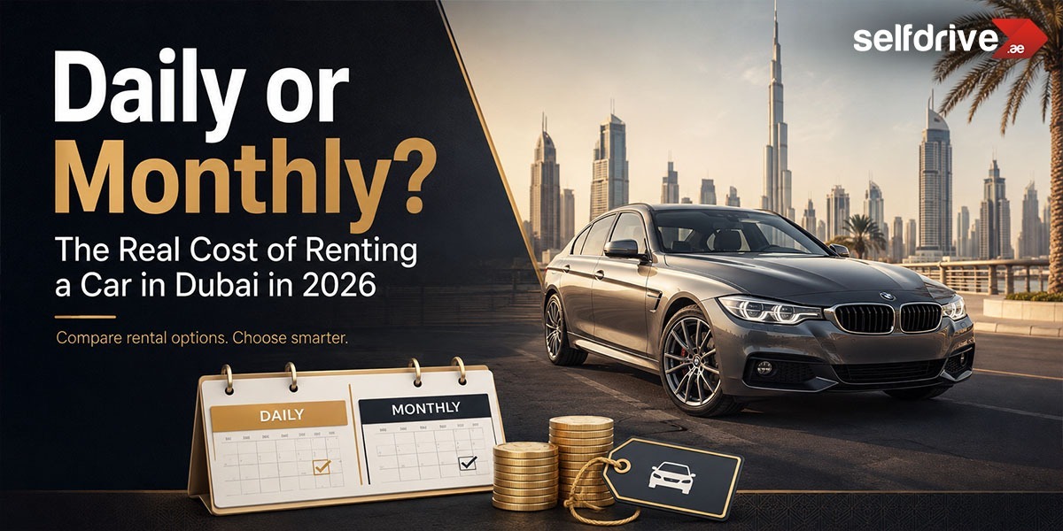 Dubai car rental blog banner with a BMW, skyline, and text comparing daily vs monthly costs.