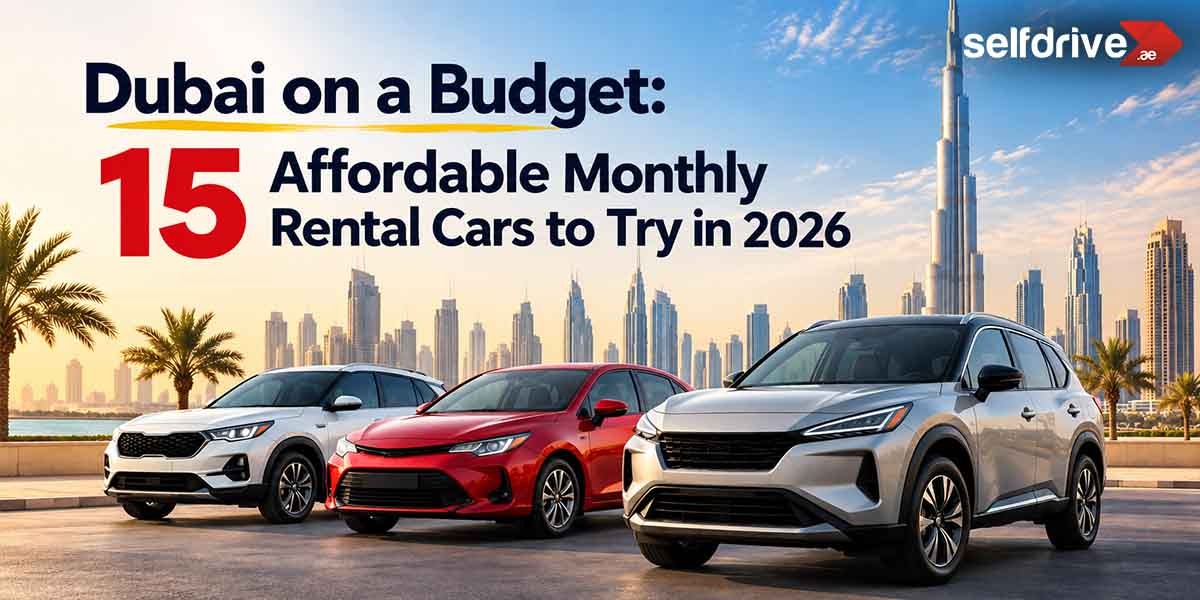 Affordable monthly car rental in Dubai featuring three cars against the Dubai skyline, with the Burj Khalifa and SelfDrive UAE branding, promoting 15 budget-friendly rental cars to try in 2026.